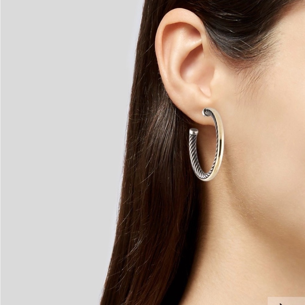 David Yurman 18k & SS Twist Hoop Earrings - Silver cable inside 18k outside - Picture 7 of 11